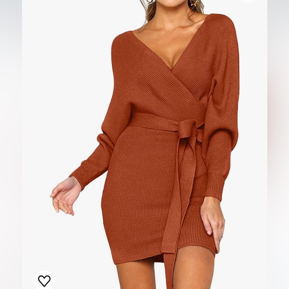 CHERFLY Party Fall Dolman SLV Faux Wrap Backless Belted Caramel Sweater Dress S